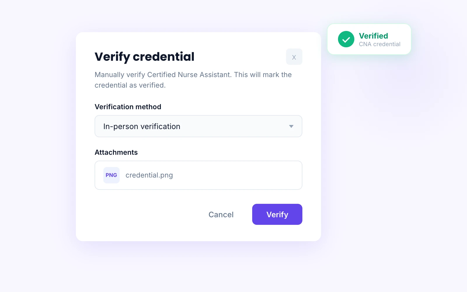 Manual verification form with method description and file attachment